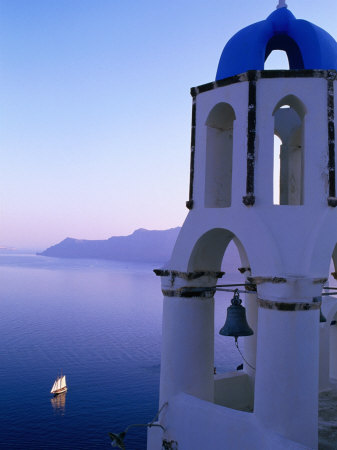 Church Belltower Tower And Yacht At Sea Below, Oia, Santorini Island, Southern Aegean, Greece by Christopher Groenhout Pricing Limited Edition Print image
