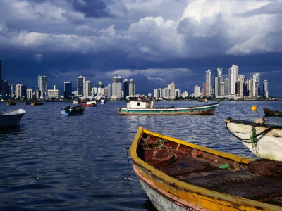 Fishing Boats On The Bahia De Panama And Punta Paitilla Skyline In Background, Panama City, Panama by Charlotte Hindle Pricing Limited Edition Print image