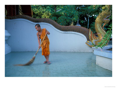 Young Buddhist Monk Sweeps Grounds At Wat Chaimong Khon Along Ping River At Sunset, Thailand by Paul Souders Pricing Limited Edition Print image