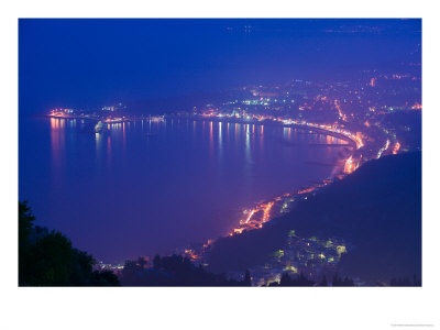 Evening View Of Giardini-Naxos Resort Area, Taormina, Sicily, Italy by Walter Bibikow Pricing Limited Edition Print image