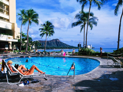 Waikiki Hotel Pool With Diamond Head In Background, Oahu, Hawaii by Lee Foster Pricing Limited Edition Print image