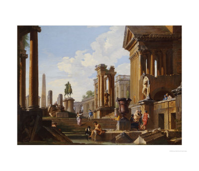 Capriccio Of Classical Ruins With A Statue Of Marcus Aurelius,The Temple Of Saturn by Giovanni Paolo Pannini Pricing Limited Edition Print image