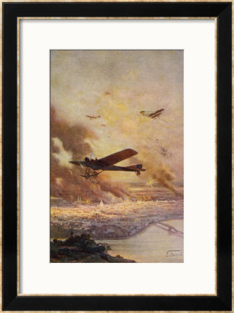 French Antoinette Monoplane Flies Over A City Burning As The Result Of Aerial Bombardment by H. Beraud Pricing Limited Edition Print image