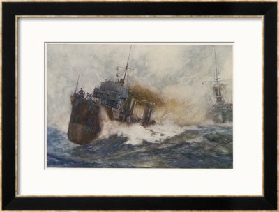 River, Class Destroyer At Speed Its Four Funnels Belching Smoke As She Races Past A Warship by Norman Wilkinson Pricing Limited Edition Print image
