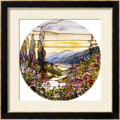Fine Leaded Glass Window Enamelled Sunset With Mountains, Circa 1900 by Tiffany Studios Pricing Limited Edition Print image