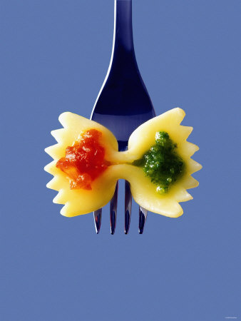 Farfalle With Tomato Sauce And Pesto On Fork by Jörn Rynio Pricing Limited Edition Print image