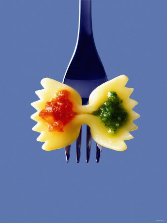 Farfalle With Tomato Sauce And Pesto On Fork by Jorn Rynio Pricing Limited Edition Print image