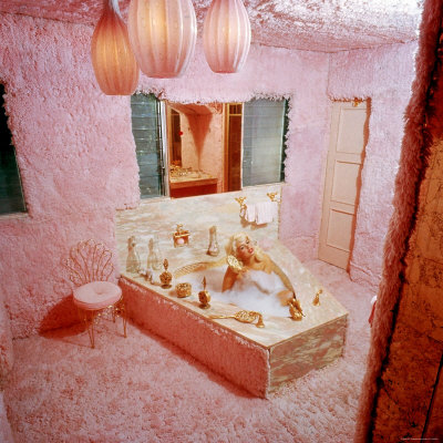 Sex Symbol Actress Jayne Mansfield Taking A Bath In The Garish Pink Shag Carpet Covered Bathroom by Allan Grant Pricing Limited Edition Print image