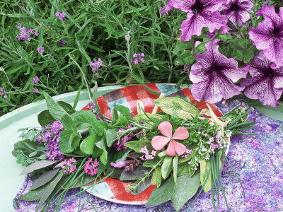 Herbs In Pots On Green & Blue Tiles, Thyme, Sage Lemon Balm, Mint & Parsley by Linda Burgess Pricing Limited Edition Print image