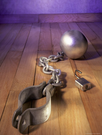 Ball And Chain, Open Shackle And Lock On Floor by Eric Kamp Pricing Limited Edition Print image