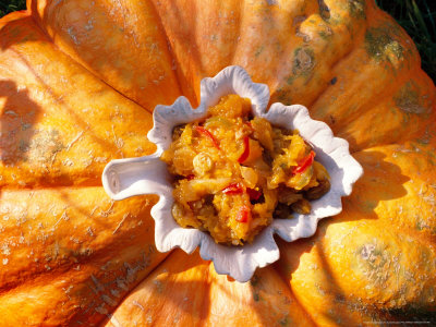 Still Life- Food, Vegetable Recipe, Pumpkin Chutney In Dish Placed On Pumpkin by Linda Burgess Pricing Limited Edition Print image