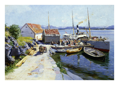 Ferry Wharf In Western Norway, 1890 (Oil On Canvas) by Johannes Martin Grimelund Pricing Limited Edition Print image