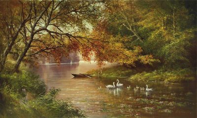 Swan Family In Automn by Helmut Glassl Pricing Limited Edition Print image