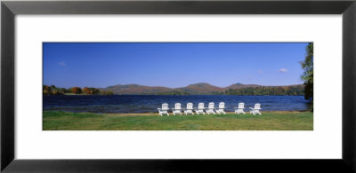 Group Of Lounge Chairs Near A Lake, Blue Mountain Lake, New York State, Usa by Panoramic Images Pricing Limited Edition Print image