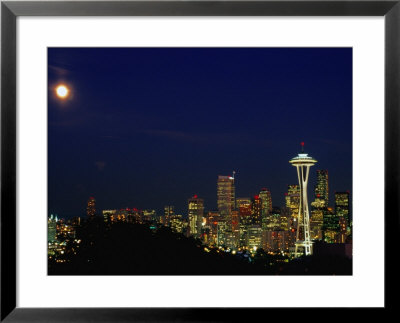 Skyline At Night With Moon And Space Needle Tower Seattle, Washington, Usa by Rob Blakers Pricing Limited Edition Print image