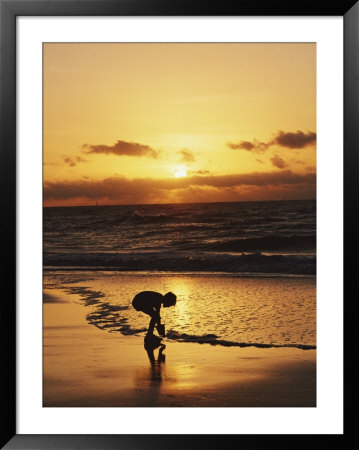 A Young Boy Holding A Sand Pail While Picking Up Shells At Sunrise by Brian Gordon Green Pricing Limited Edition Print image