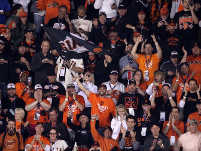 Texas Rangers V. San Francisco Giants, Game 5:  Giants Fans Celebrate Defeating The Texas Rangers by Christian Petersen Pricing Limited Edition Print image