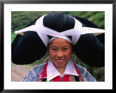Portrait Of Girl From The Long Horn Miao Minority With Ancestral Hair Woven Into Headpiece, China by Keren Su Pricing Limited Edition Print image