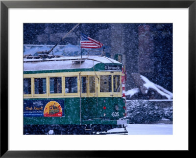 Tram In Snow On Alaskan Way, Seattle, Washington, Usa by Lawrence Worcester Pricing Limited Edition Print image