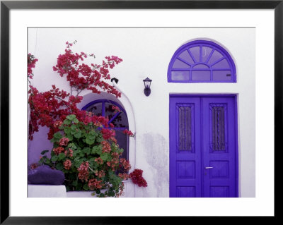 Pink Flowering Bougainvillea (Paper Flower), Whitewashed Walls Of House, Santorini, Greece by Erika Craddock Pricing Limited Edition Print image