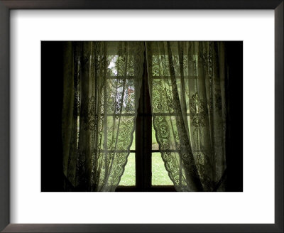Looking Out The Window Of A Log Cabin Through Lace Curtains by Todd Gipstein Pricing Limited Edition Print image