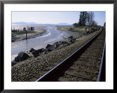Train Tracks Leading To Bellingham, With San Juan Islands In Distance, Washington State by Aaron Mccoy Pricing Limited Edition Print image