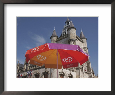 Umbrella Advertising Ice Cream, With Gothic Town Hall Behind, Rue, Somme, Picardy, France by David Hughes Pricing Limited Edition Print image