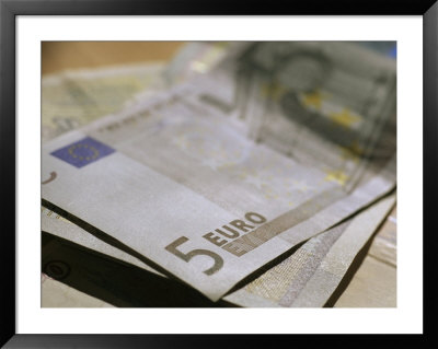 Stack Of Paper Money Is Topped By A 5 Euro Bill by Stephen Alvarez Pricing Limited Edition Print image