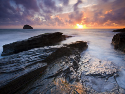 Trebarwith Strand And Gull Rock At Sunset, Cornwall, England by Adam Burton Pricing Limited Edition Print image