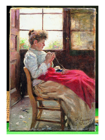 Woman Sewing by Antonio Mancini Pricing Limited Edition Print image