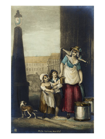 London Tradeswoman Selling Milk 'Milk Below, Maids!' by Adolf Von Menzel Pricing Limited Edition Print image