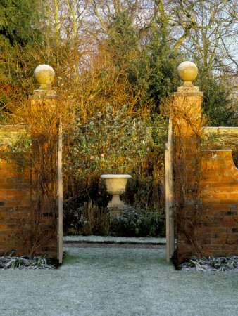 Frost Covered Garden Gates To Ornamental Urn Lit By Winter Sunlight, Wollerton Old Hall, Shropshire by Clive Nichols Pricing Limited Edition Print image