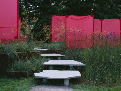 Stepping Stone Steps, Verbena Bonarienses And Stipa Gigantea In Front Of Red Semi-Permanent Screens by Clive Nichols Pricing Limited Edition Print image