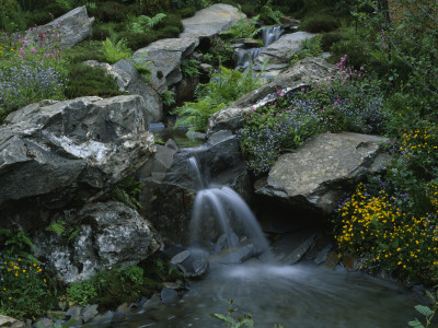 Waterfall Over Slate Bolders With Meadow Planting In 'Visions Of Snowdon', Designer: Peter Tinsley by Clive Nichols Pricing Limited Edition Print image