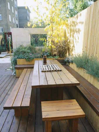 Roof Garden - Cedar Bench And Table And Bamboo Fence, Designer: Alison Wear Associates by Clive Nichols Pricing Limited Edition Print image