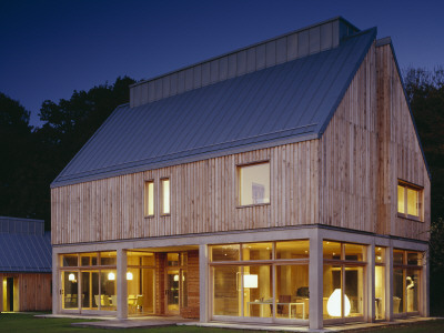 The Lodge, Whithurst Park Outside Modern Wooden Rural House With Zinc Metal Pitched Roof by David Churchill Pricing Limited Edition Print image