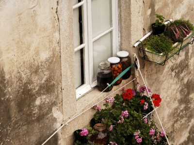 Jars Of Fruit With Geranium And Herb Window Boxes On A Residential Property, Dubrovnik, Croatia, by Olwen Croft Pricing Limited Edition Print image