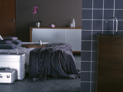 Hotel Chic', Bedroom And Ensuite Bathroom by Richard Powers Pricing Limited Edition Print image
