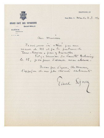 Lettre Autographe Signee A Jean Sergent Mardi 11 Mars 1930 by Paul Signac Pricing Limited Edition Print image