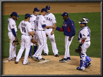 San Francisco Giants V Texas Rangers, Game 3: Ron Washington,Colby Lewis by Stephen Dunn Pricing Limited Edition Print image