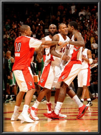 Boston Celtics V Toronto Raptors: Amir Johnson, Demar Derozan And Sonny Weems by Ron Turenne Pricing Limited Edition Print image