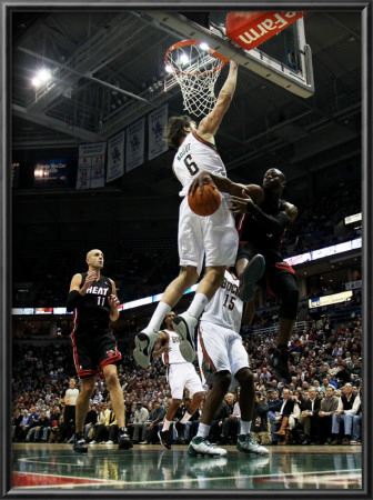 Miami Heat V Milwaukee Bucks: Dwyane Wade, Zydrunas Ilgauskas And Andrew Bogut by Jonathan Daniel Pricing Limited Edition Print image