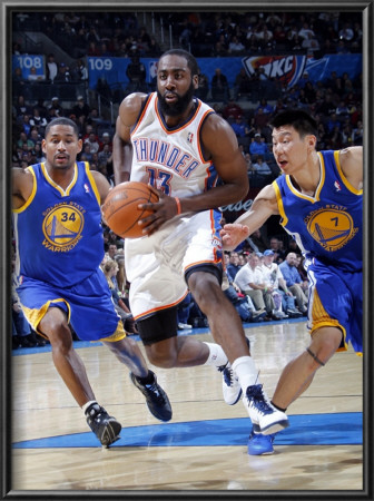 Golden State Warriors V Oklahoma City Thunder: James Harden, Charlie Bell And Jeremy Lin by Layne Murdoch Pricing Limited Edition Print image