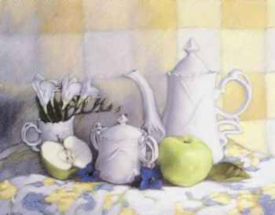 Coffee Pot, Pitcher And Sugar Bowl With Apple by Linda Hanly Pricing Limited Edition Print image