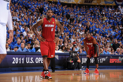 Miami Heat V Dallas Mavericks - Game Four, Dallas, Tx -June 7: Lebron James And Dwyane Wade by Andrew Bernstein Pricing Limited Edition Print image