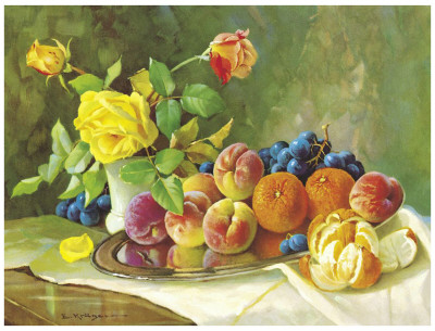Yellow Rose And Fruits by E. Kruger Pricing Limited Edition Print image