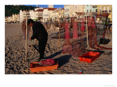 Man On Beach Making Fishing Nets, Nazare, Portugal by Mason Florence Pricing Limited Edition Print image