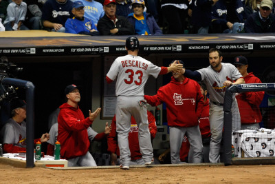 St Louis Cardinals V Milwaukee Brewers - Game Six, Milwaukee, Wi - October 16: Daniel Descalso by Scott Boehm Pricing Limited Edition Print image