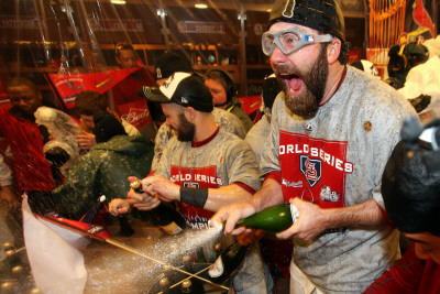 Game 7 - Rangers V Cardinals, St Louis, Mo - October 28: Jason Motte And Skip Schumaker by Jamie Squire Pricing Limited Edition Print image