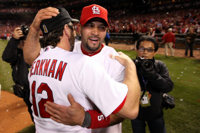 Game 7 - Rangers V Cardinals, St Louis, Mo - October 28: Lance Berkman And Albert Pujols by Jamie Squire Pricing Limited Edition Print image